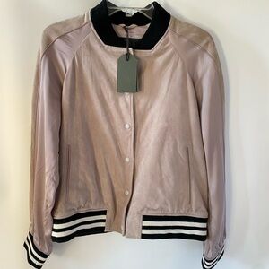 AllSaints Pale Pink Bomber Jacket with Black Trim